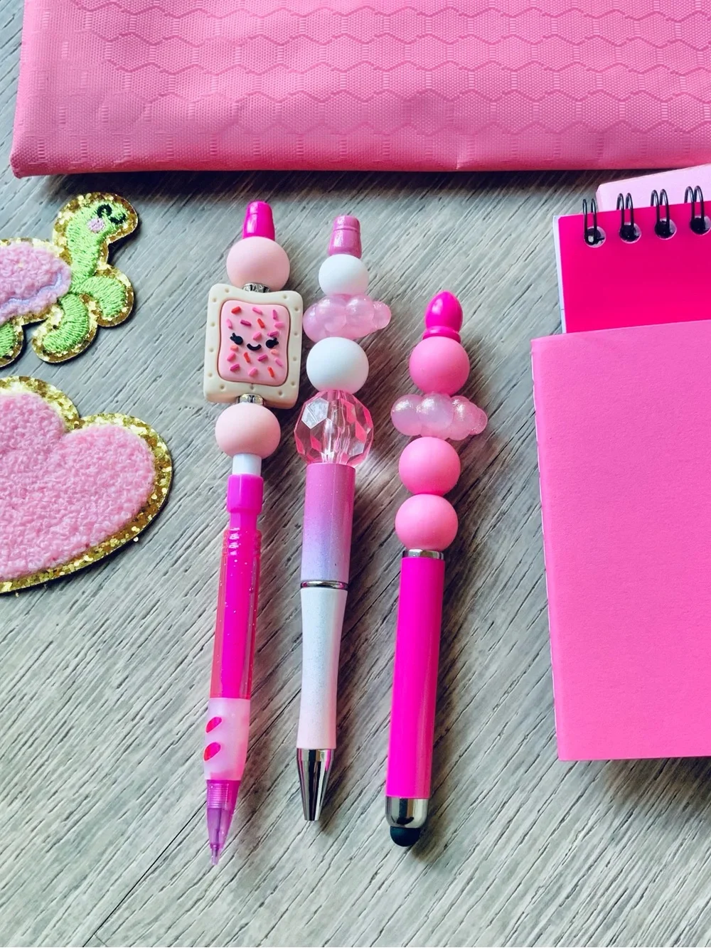 NEW📚 Crafted Pink Stationery Set - Pencil Case, Mini Notebooks & Beaded Pens
